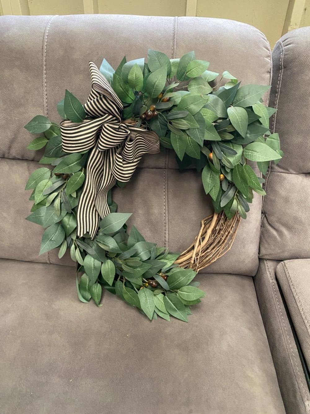 Green Willow Leaf Door Hanging Wreath with Striped Bow